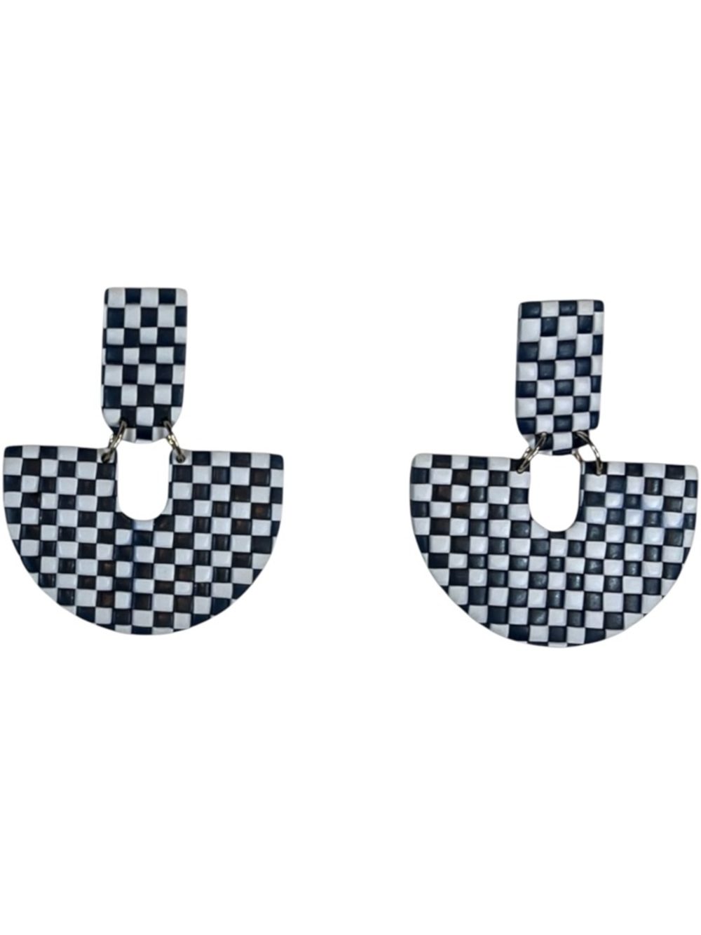 Blue White Checkerboard Statement Earrings Polymer Clay Post-Back OS